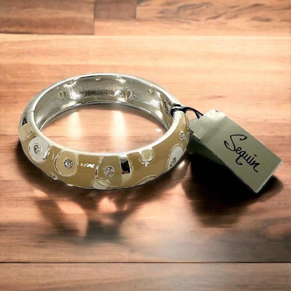 NEW/NWT Sequin Beige Enamel & Crystals Silver Bangle Bracelet